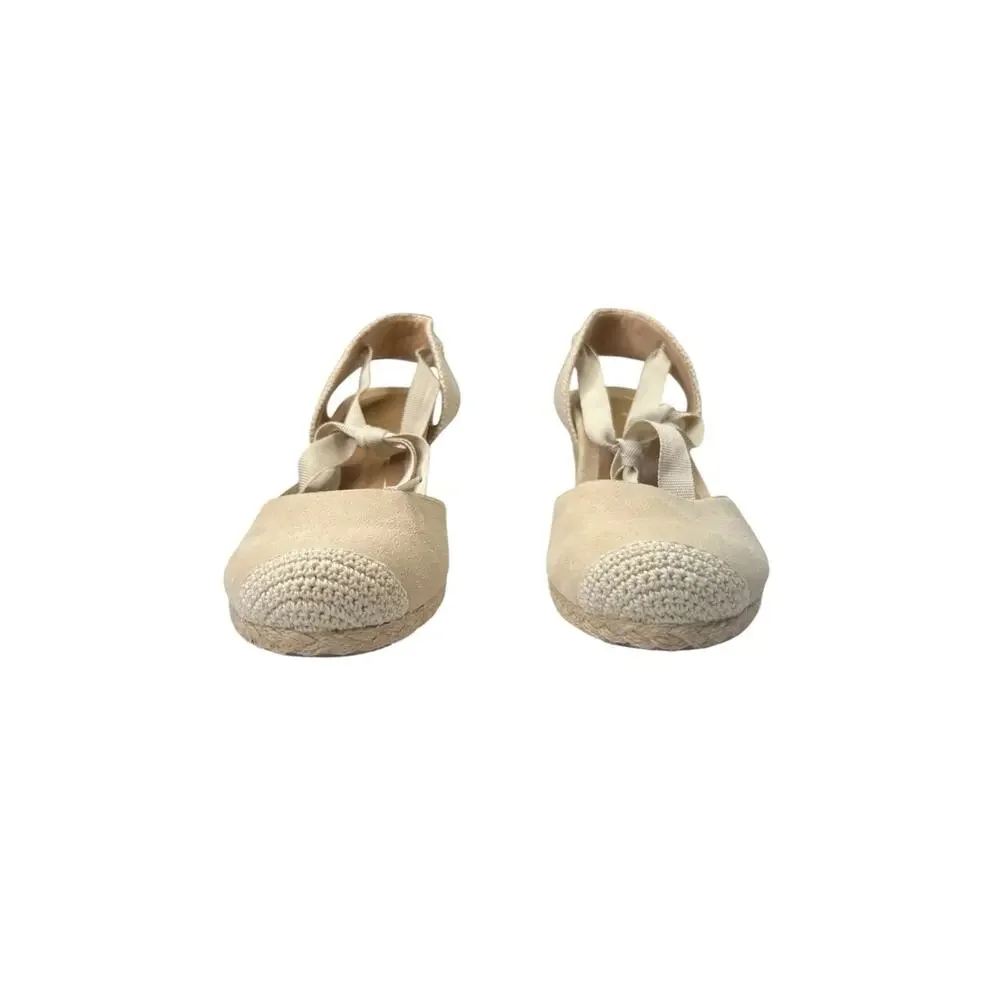 Vionic Espadrille Wedges 8.5 Womens Maris Cream Suede Closed Toe Ankle Wrap Boho